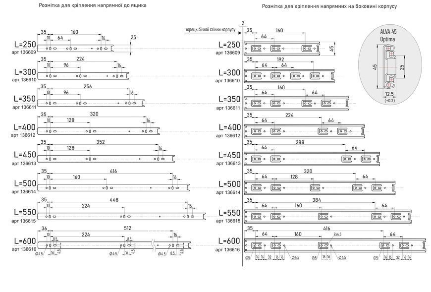 Направляючі ALVA Optima телескопічні L=400 мм, H=45 мм (кулькові) 136612 фото